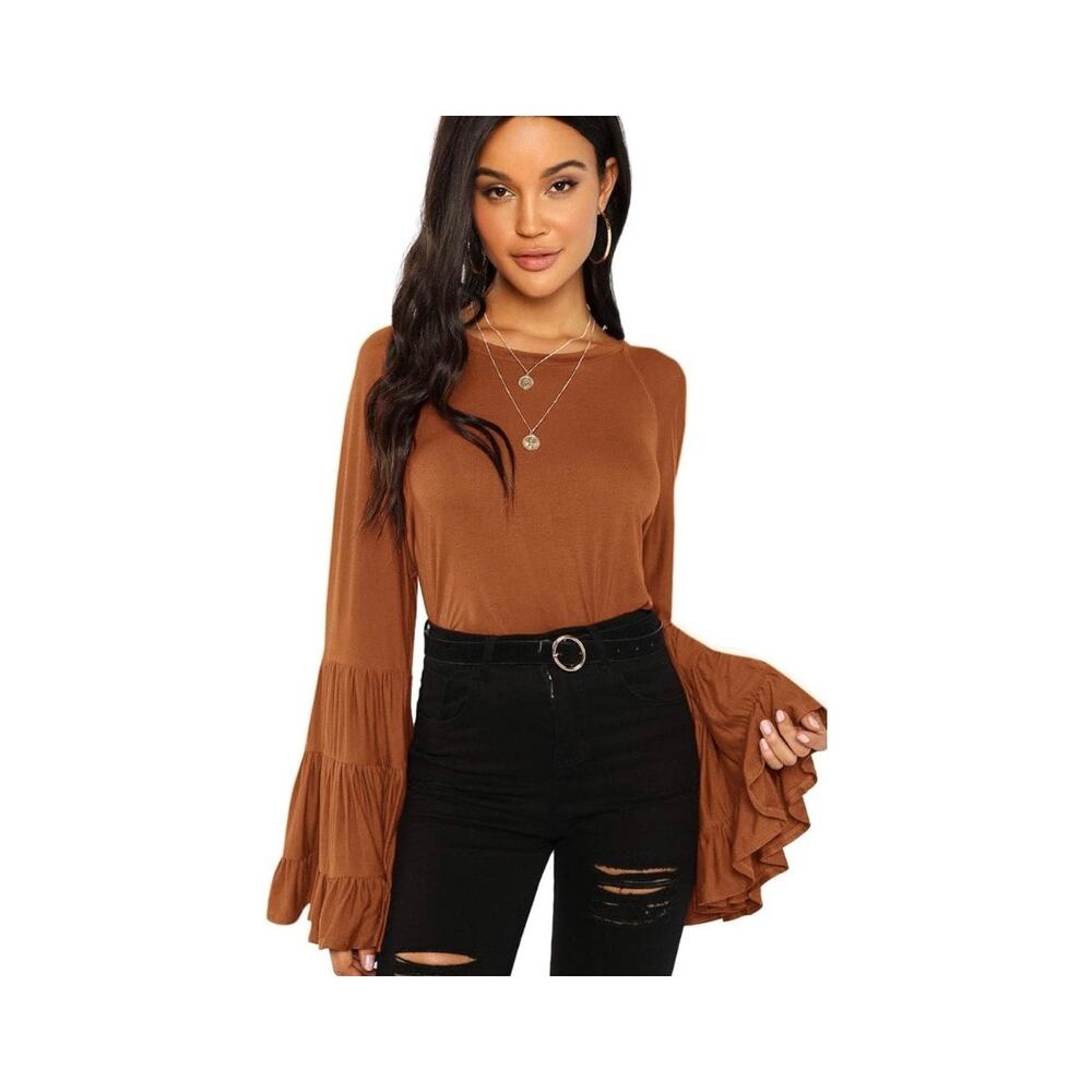 Floerns Women's Burnt Orange Western Bell Sleeve Blouse Size S